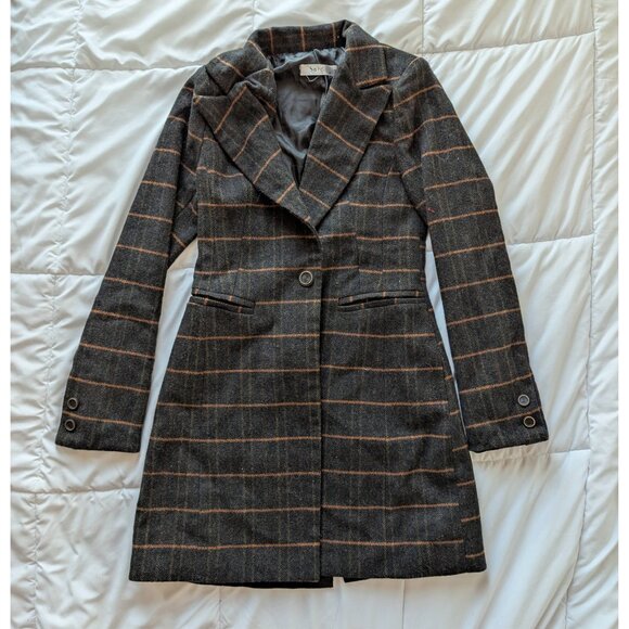 Dark Grey and Orange Plaid Coat with Gold and Black Buttons - Picture 2 of 3